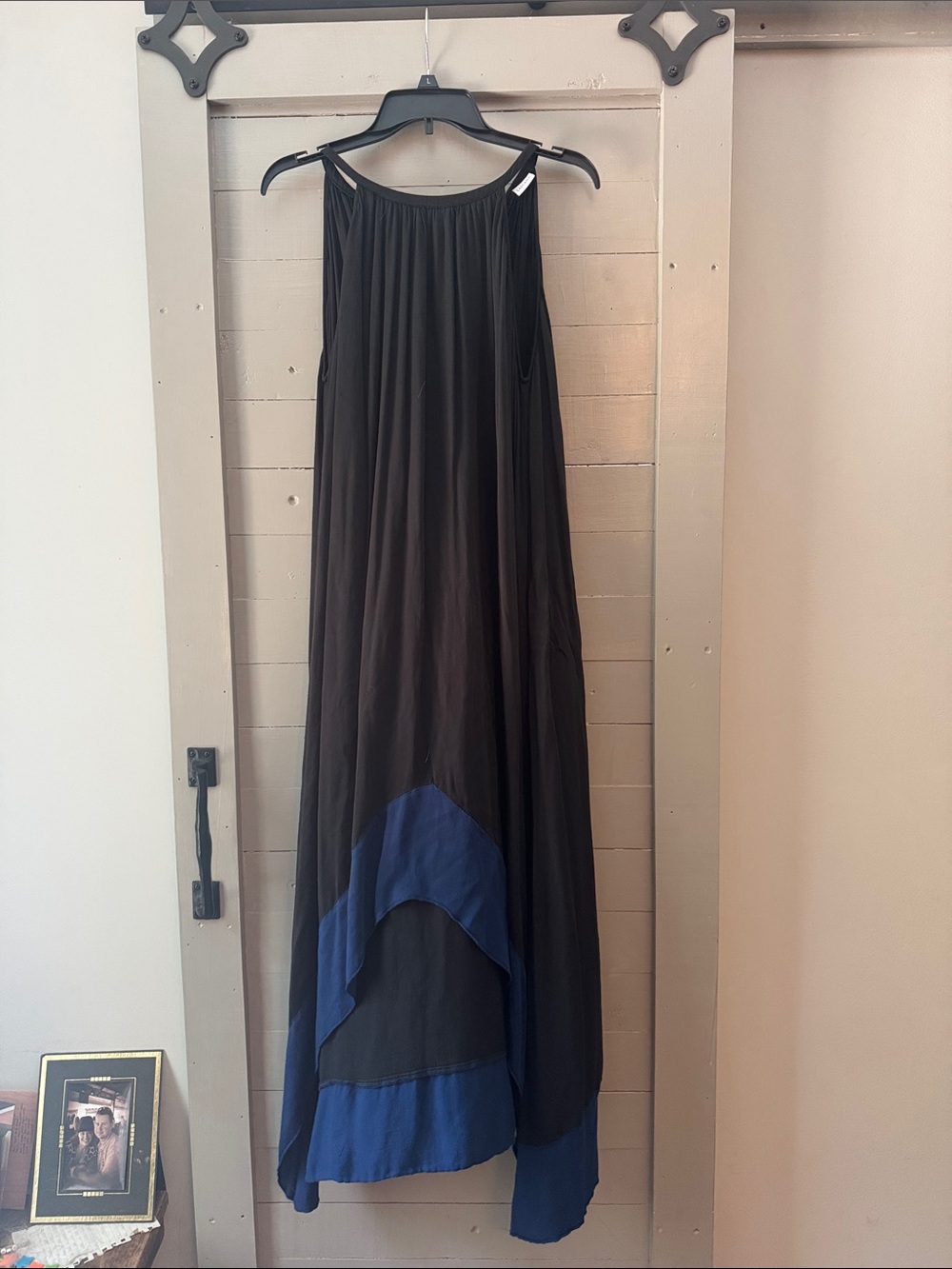 Flowy Women’s High-Low Black and Blue Maxi Dress. 51 inches length.
